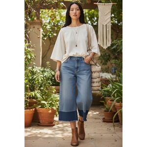 Women Two Tone Wide Leg Cropped Jeans Blue Color Block Boho Denim 4XL NWOT